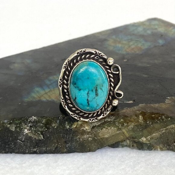 VTG Sterling Silver 925 Hemerson Brown Navajo Oval Bezel Set Turquoise Ring Sz 8 - Picture 2 of 16